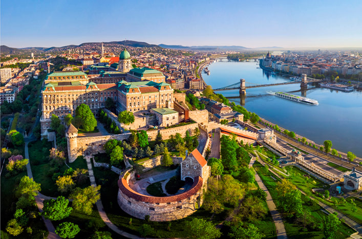 Overlooking the Danube River on a clear day in Budapest, Hungary