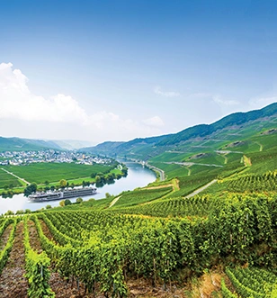 The Scenic Crystal ship cruising the Moselle Valley in Germany, surrounded by a landscape of lush green vineyards stretching out into the distance.