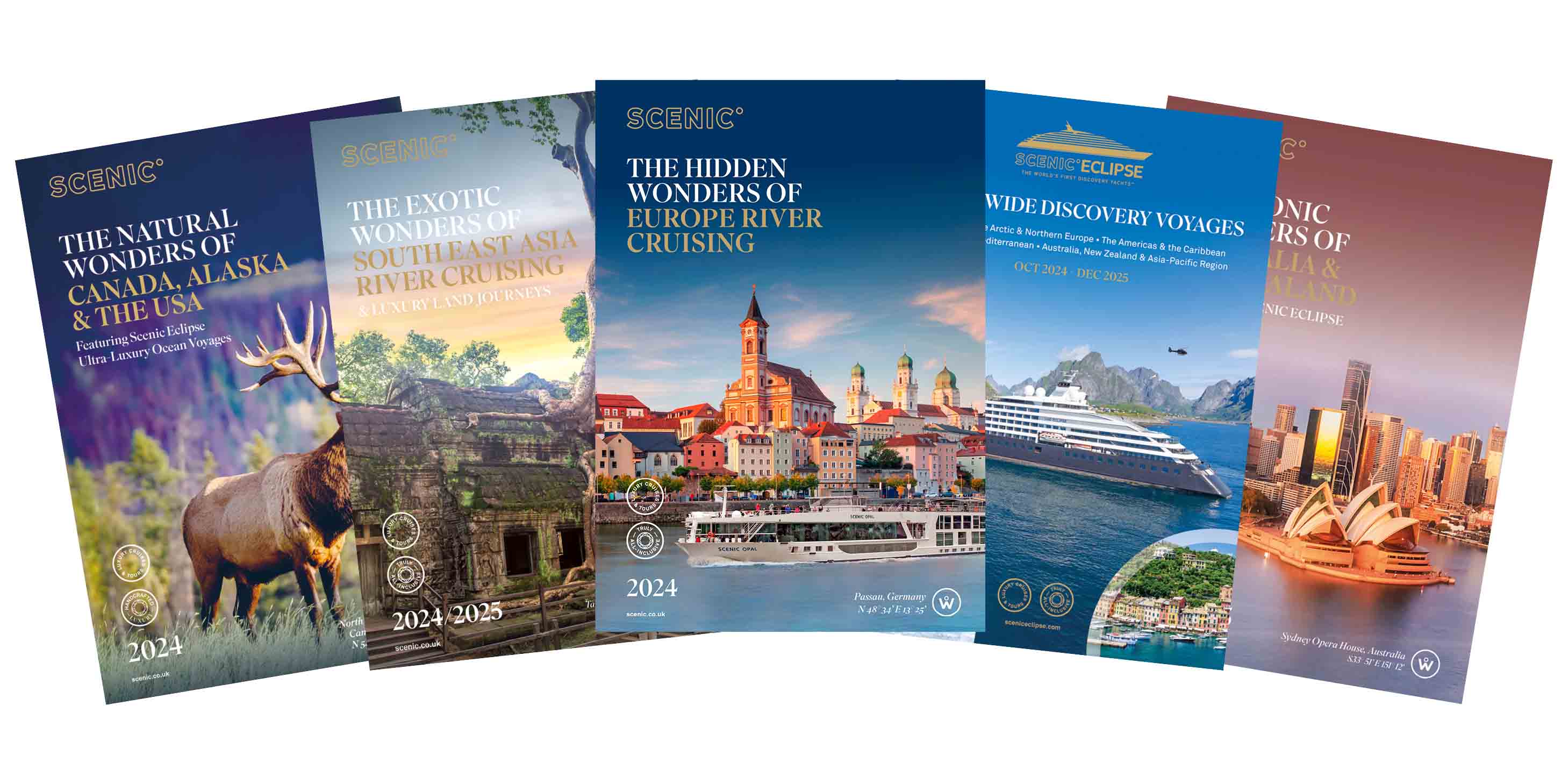 Fan of a collection of River, Ocean & Land brochure covers for Scenic Luxury Cruises & Tours