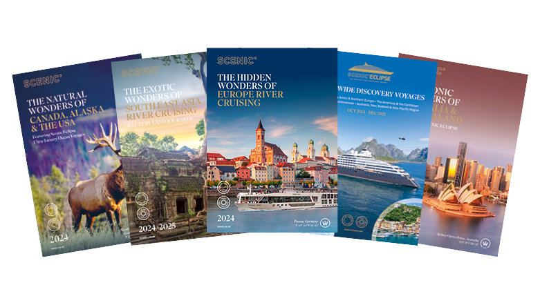 Fan of a collection of River, Ocean & Land brochure covers for Scenic Luxury Cruises & Tours