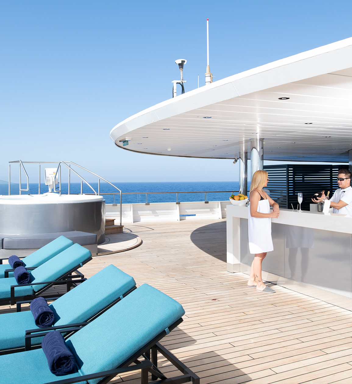 Panorama Bar on the ship deck of the Scenic Eclipse on a clear day